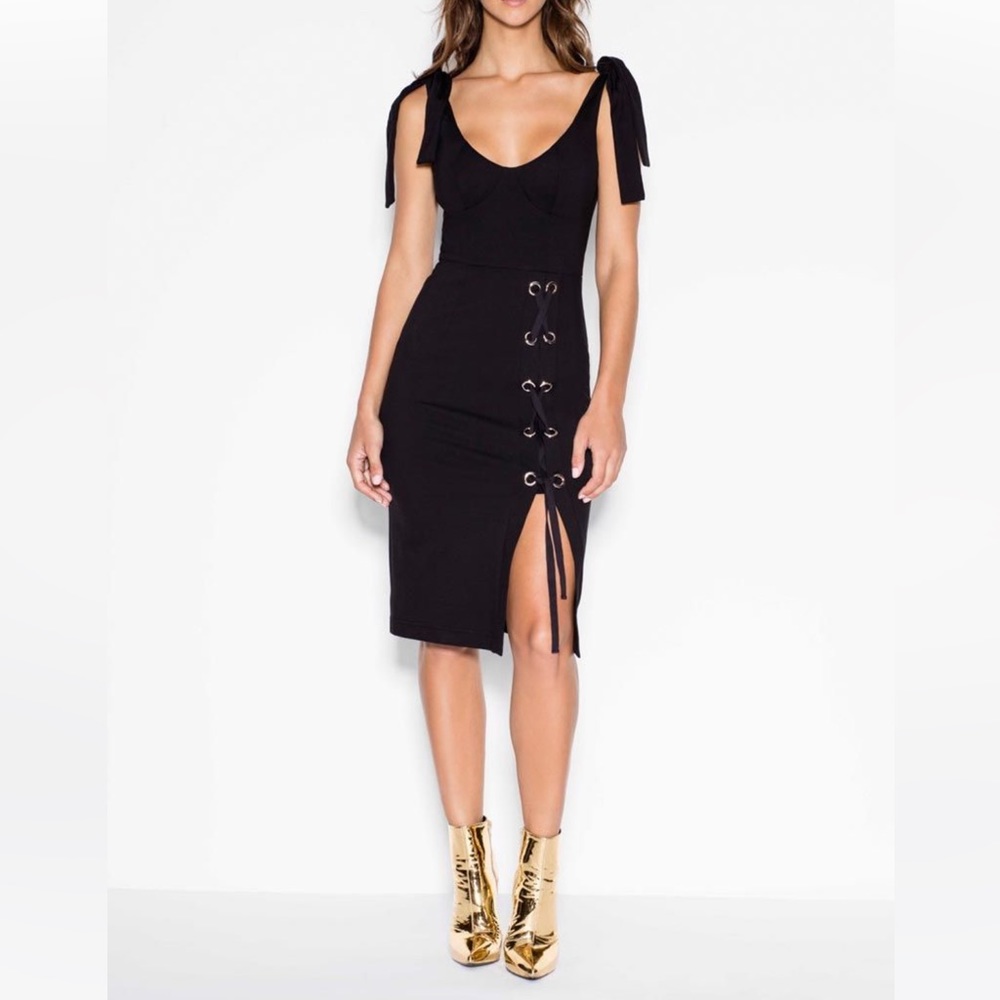 SHEIKE Black Magic Bodice Eyelet Tie Up Strap Bodycon Midi Dress - Picture 4 of 12